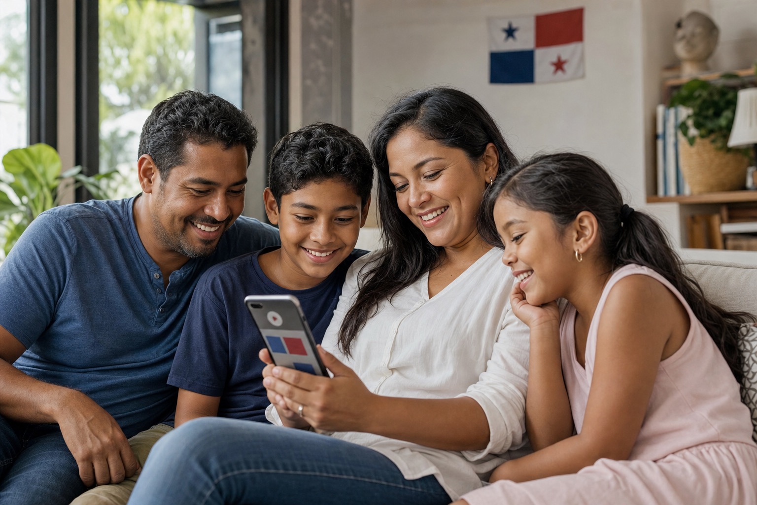 Familia panameña revisando sus resultados médicos en el celular