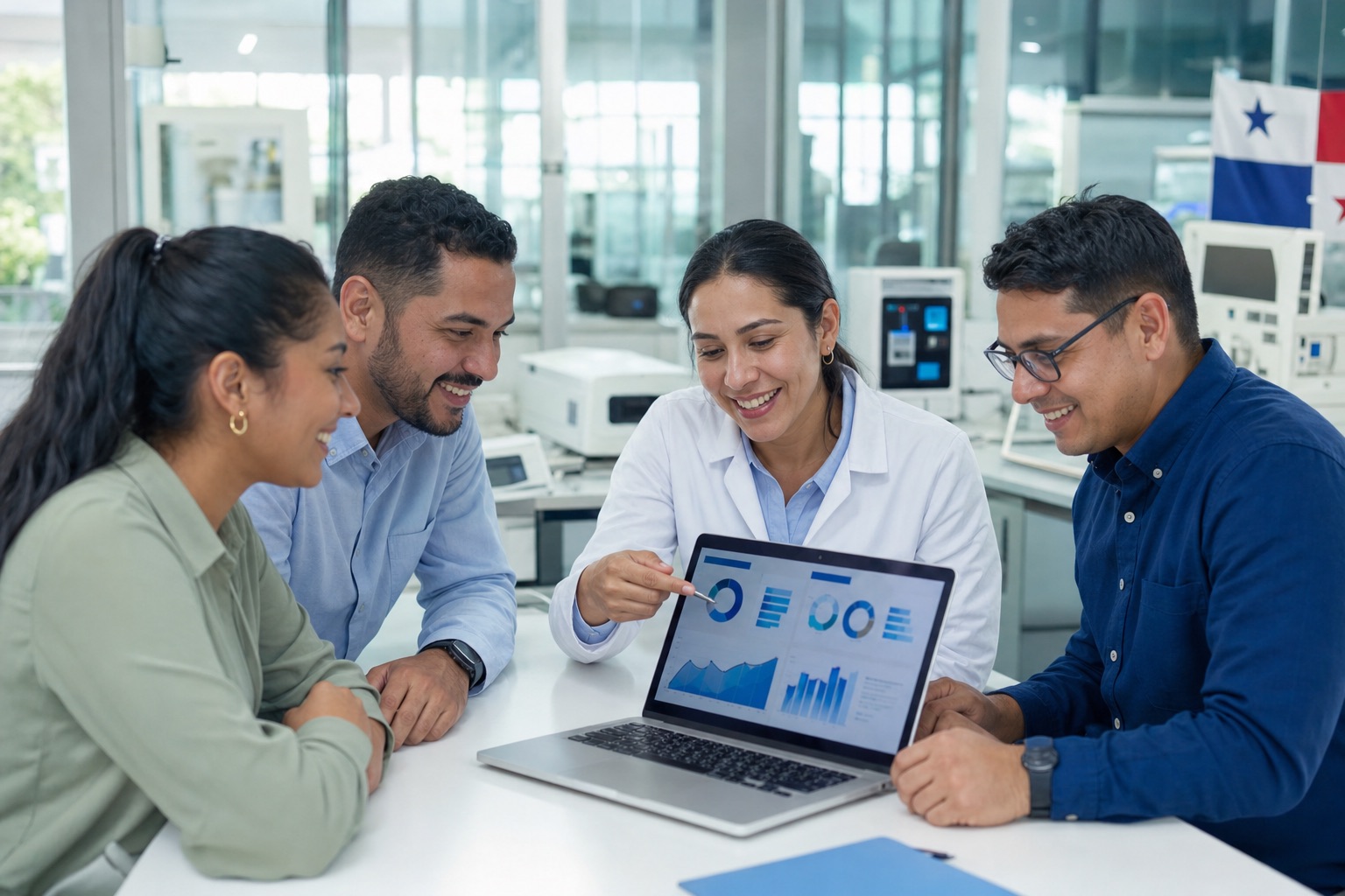 Equipo de un laboratorio en Panamá revisando su panel en una laptop